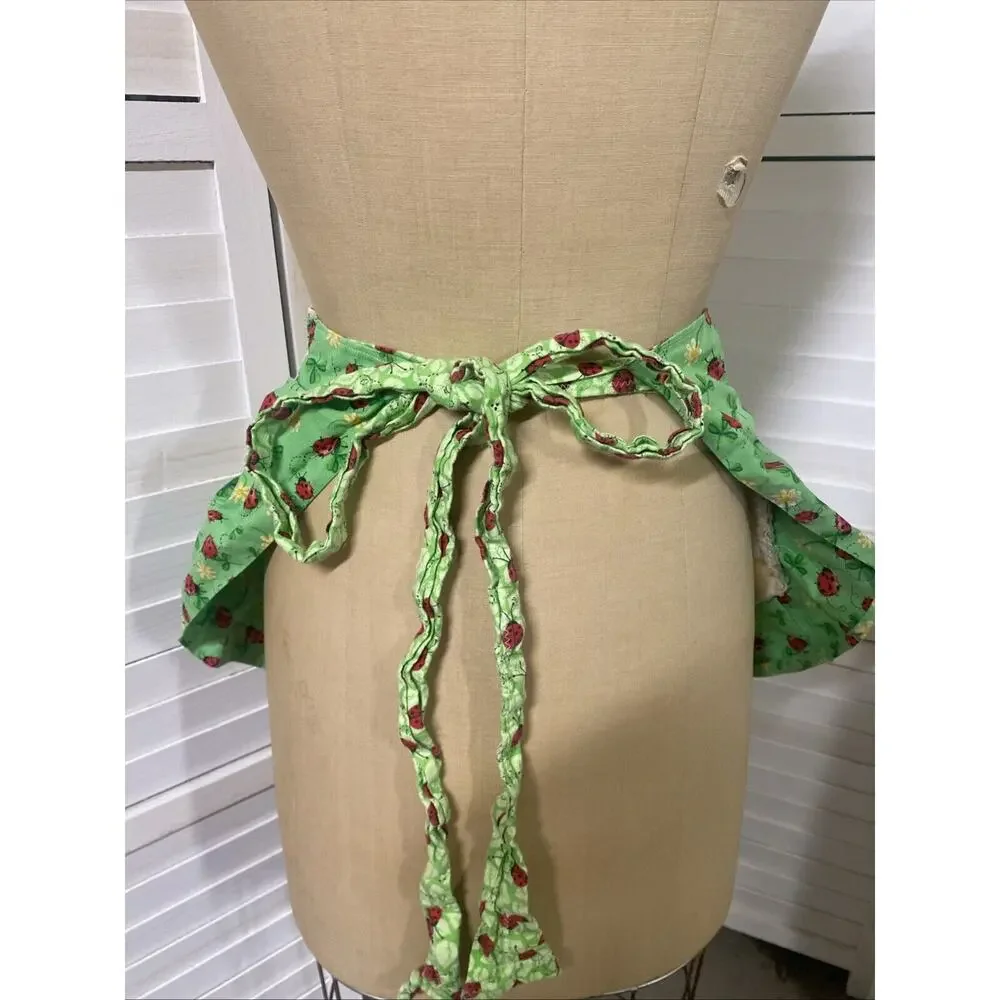 Handmade Ivory Denim Jeans Half Apron Ladybug Fabric Ruffle One Size